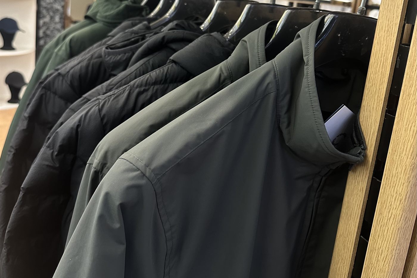 Jackets and coats on the rail inside Icon Menswear